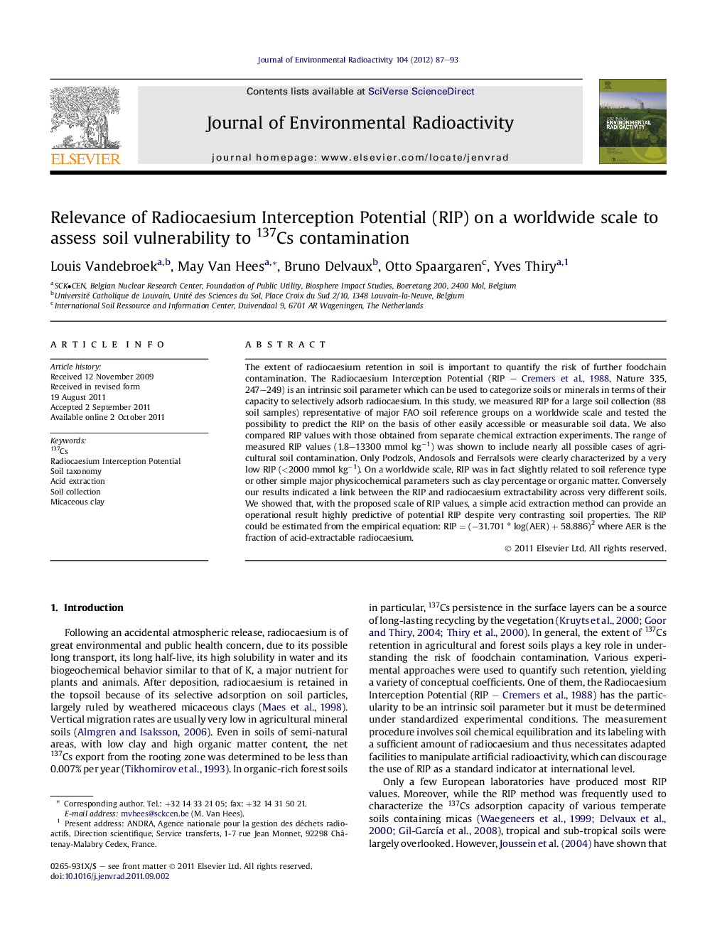 Relevance of Radiocaesium Interception Potential (RIP) on a worldwide scale to assess soil vulnerability to 137Cs contamination