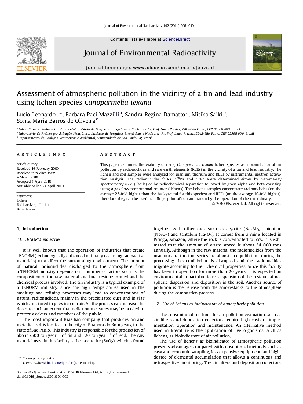 Assessment of atmospheric pollution in the vicinity of a tin and lead industry using lichen species Canoparmelia texana