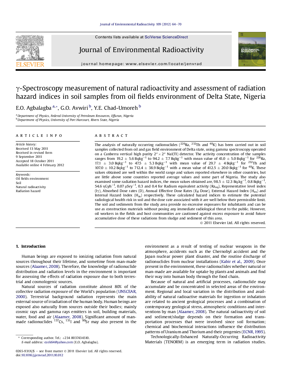 γ-Spectroscopy measurement of natural radioactivity and assessment of radiation hazard indices in soil samples from oil fields environment of Delta State, Nigeria