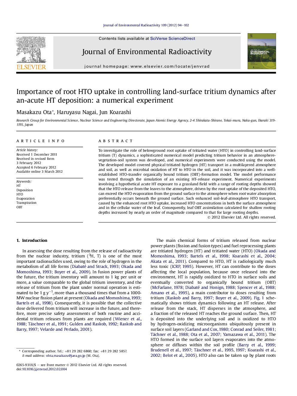 Importance of root HTO uptake in controlling land-surface tritium dynamics after an-acute HT deposition: a numerical experiment