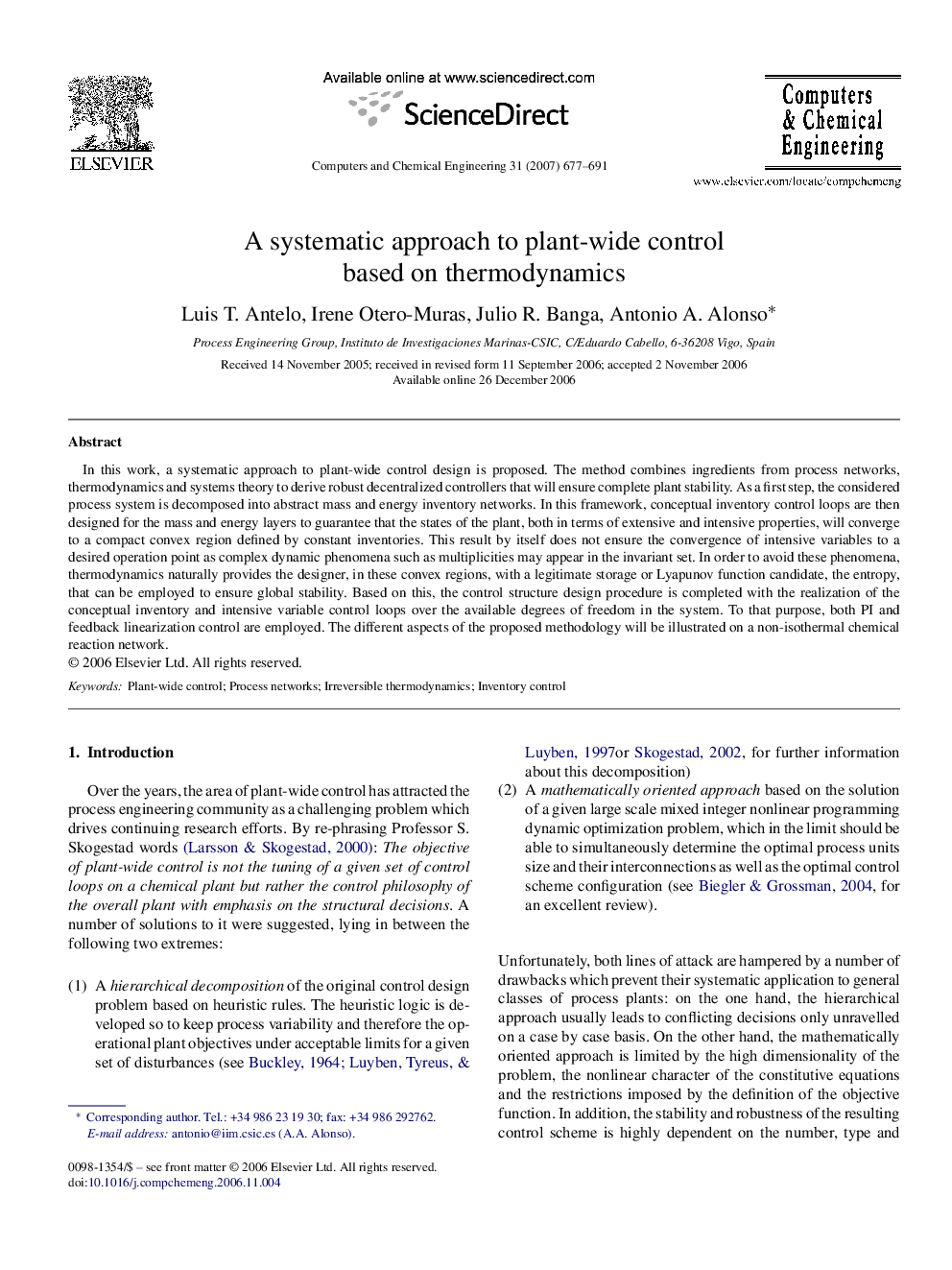 A systematic approach to plant-wide control based on thermodynamics