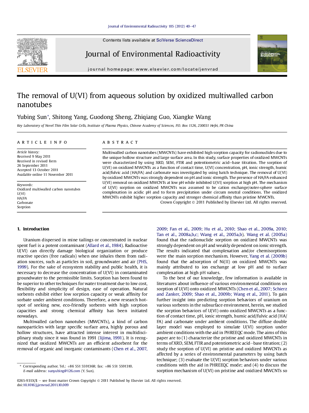 The removal of U(VI) from aqueous solution by oxidized multiwalled carbon nanotubes