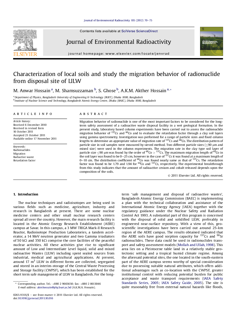 Characterization of local soils and study the migration behavior of radionuclide from disposal site of LILW