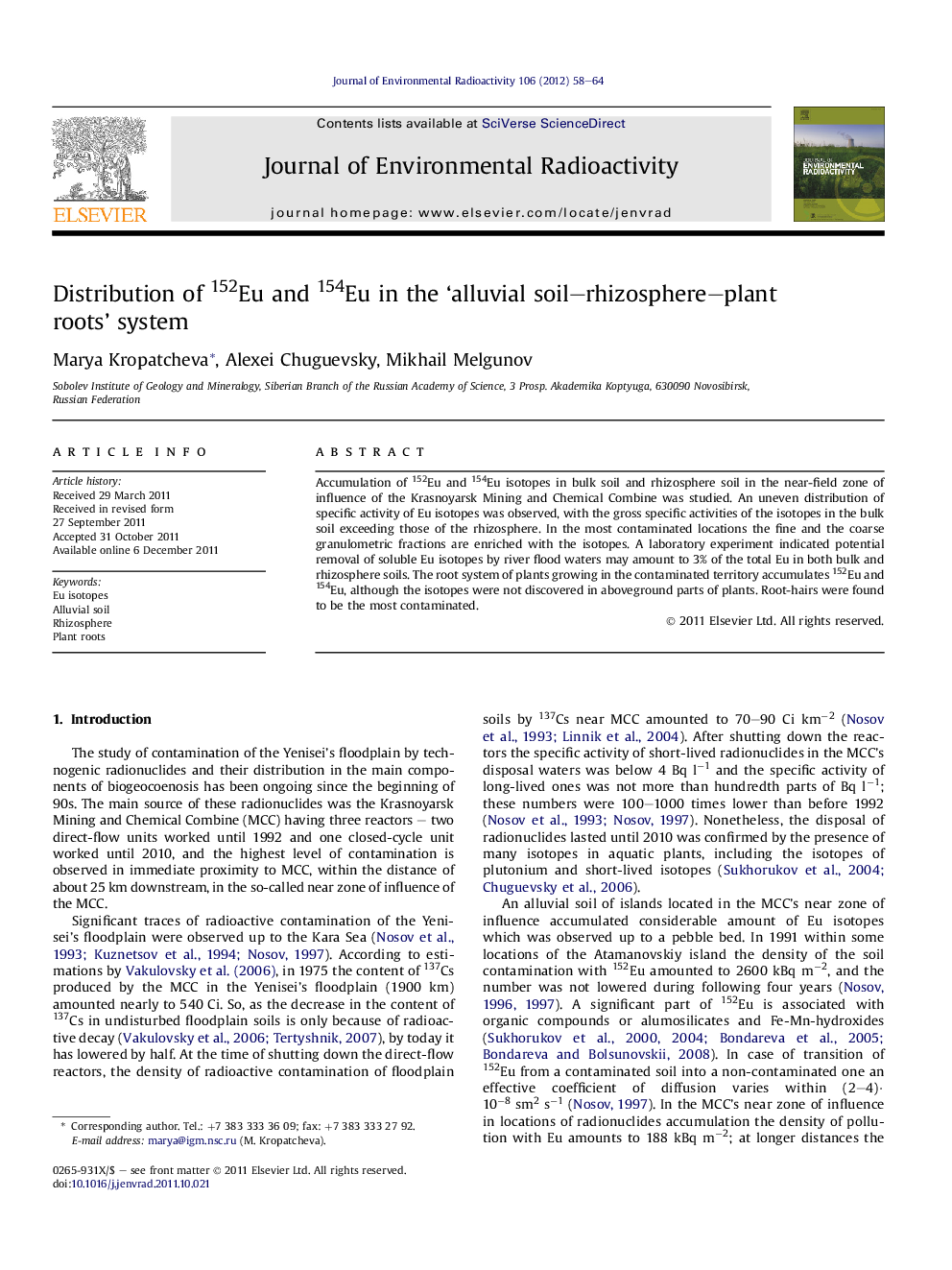 Distribution of 152Eu and 154Eu in the ‘alluvial soil–rhizosphere–plant roots’ system