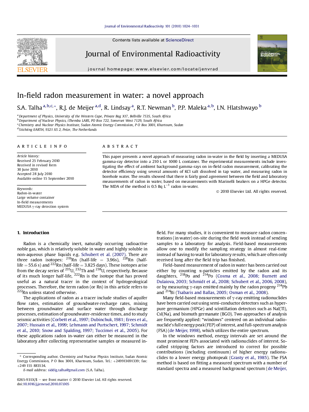 In-field radon measurement in water: a novel approach