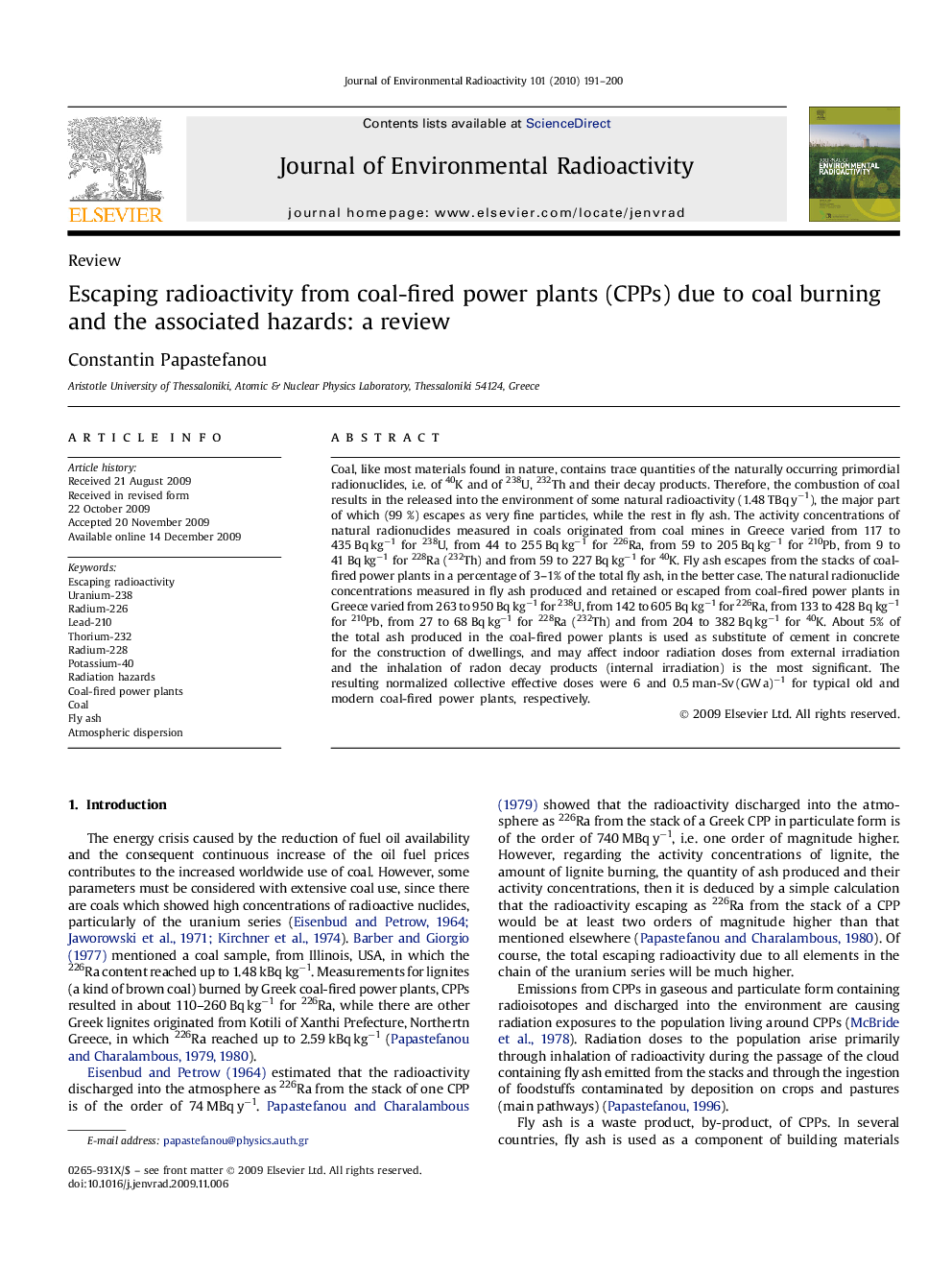 Escaping radioactivity from coal-fired power plants (CPPs) due to coal burning and the associated hazards: a review