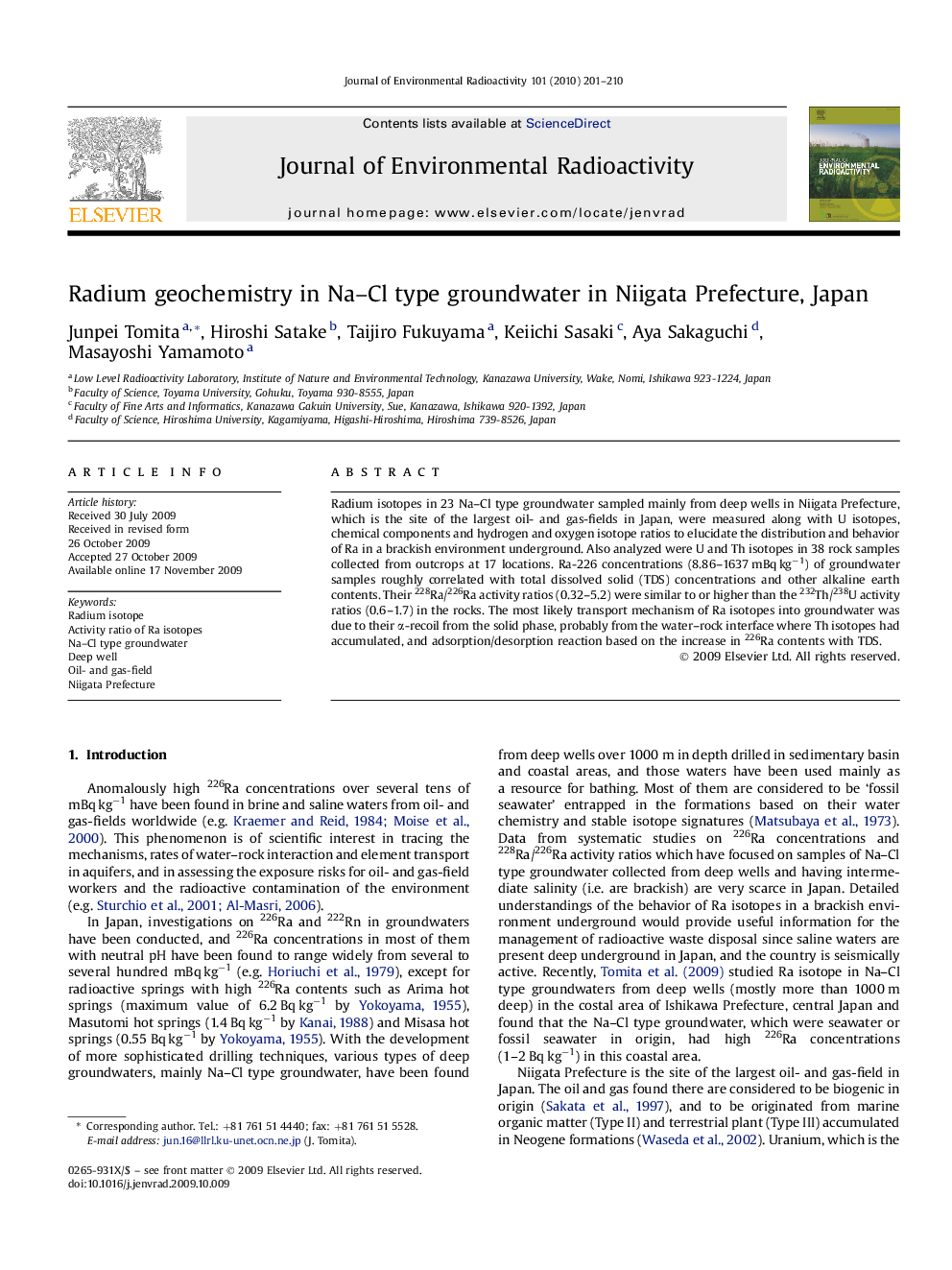 Radium geochemistry in Na–Cl type groundwater in Niigata Prefecture, Japan