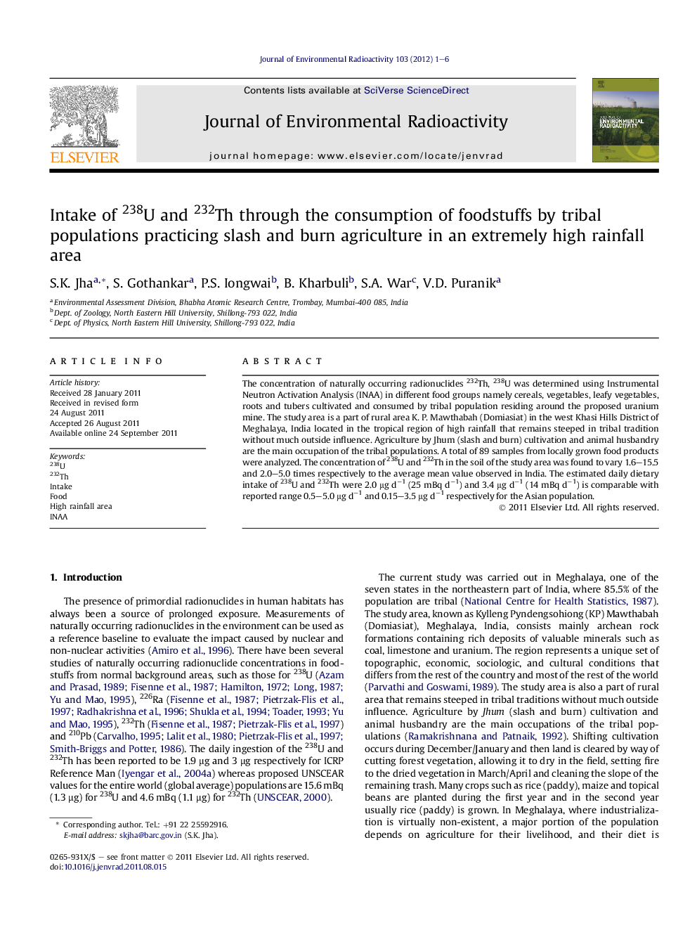 Intake of 238U and 232Th through the consumption of foodstuffs by tribal populations practicing slash and burn agriculture in an extremely high rainfall area