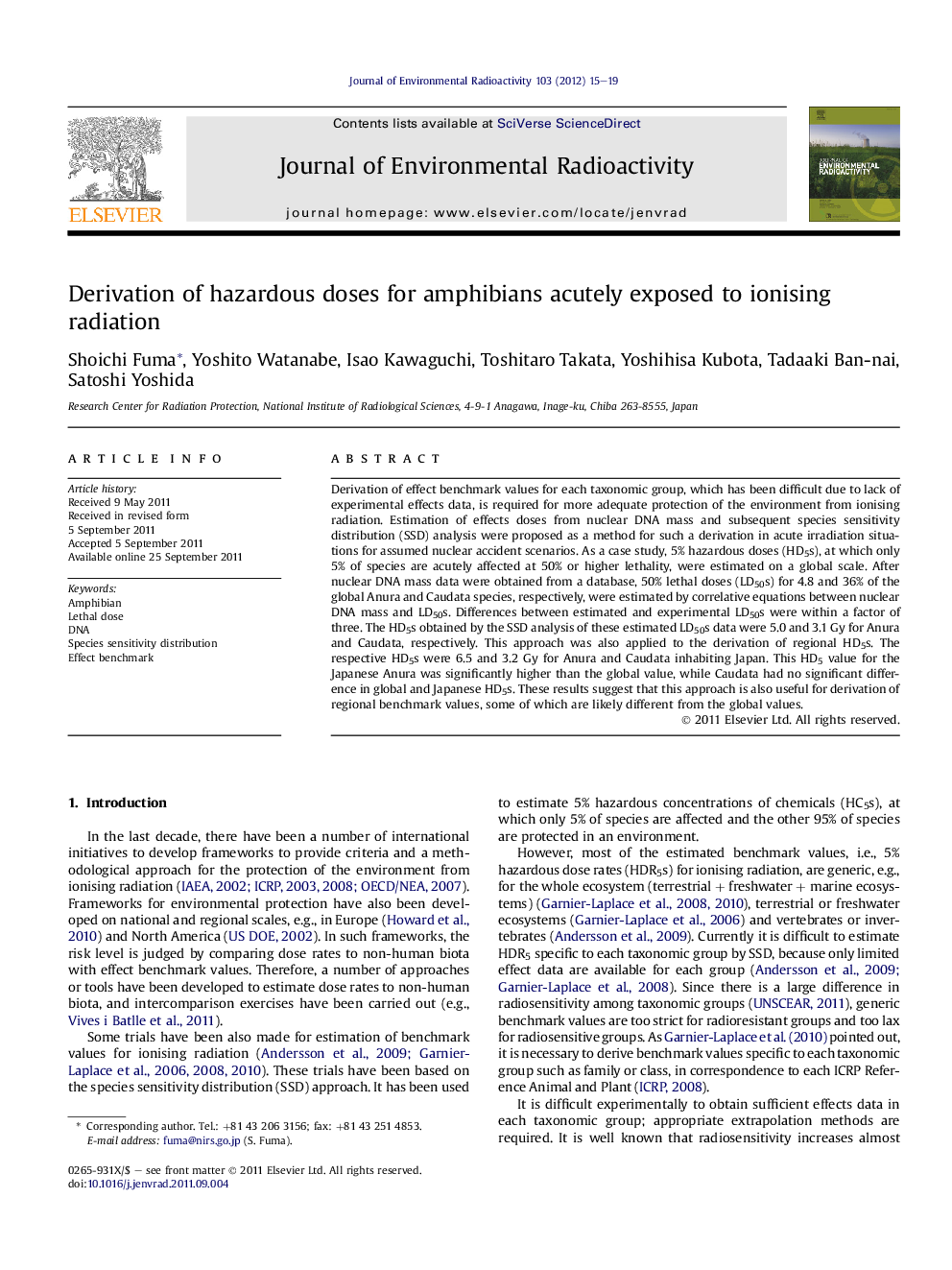 Derivation of hazardous doses for amphibians acutely exposed to ionising radiation