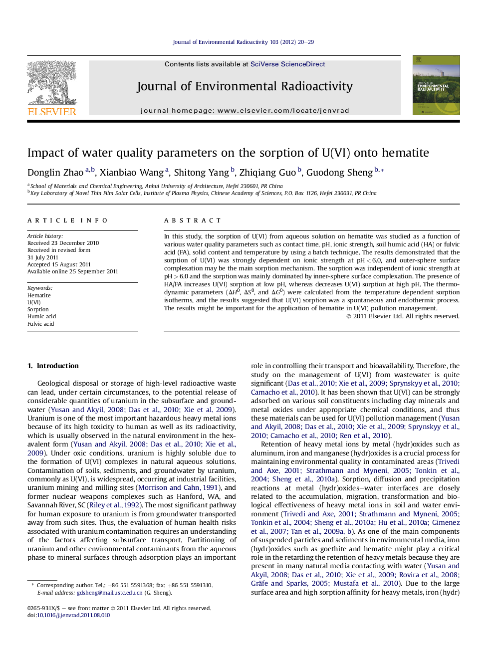 Impact of water quality parameters on the sorption of U(VI) onto hematite