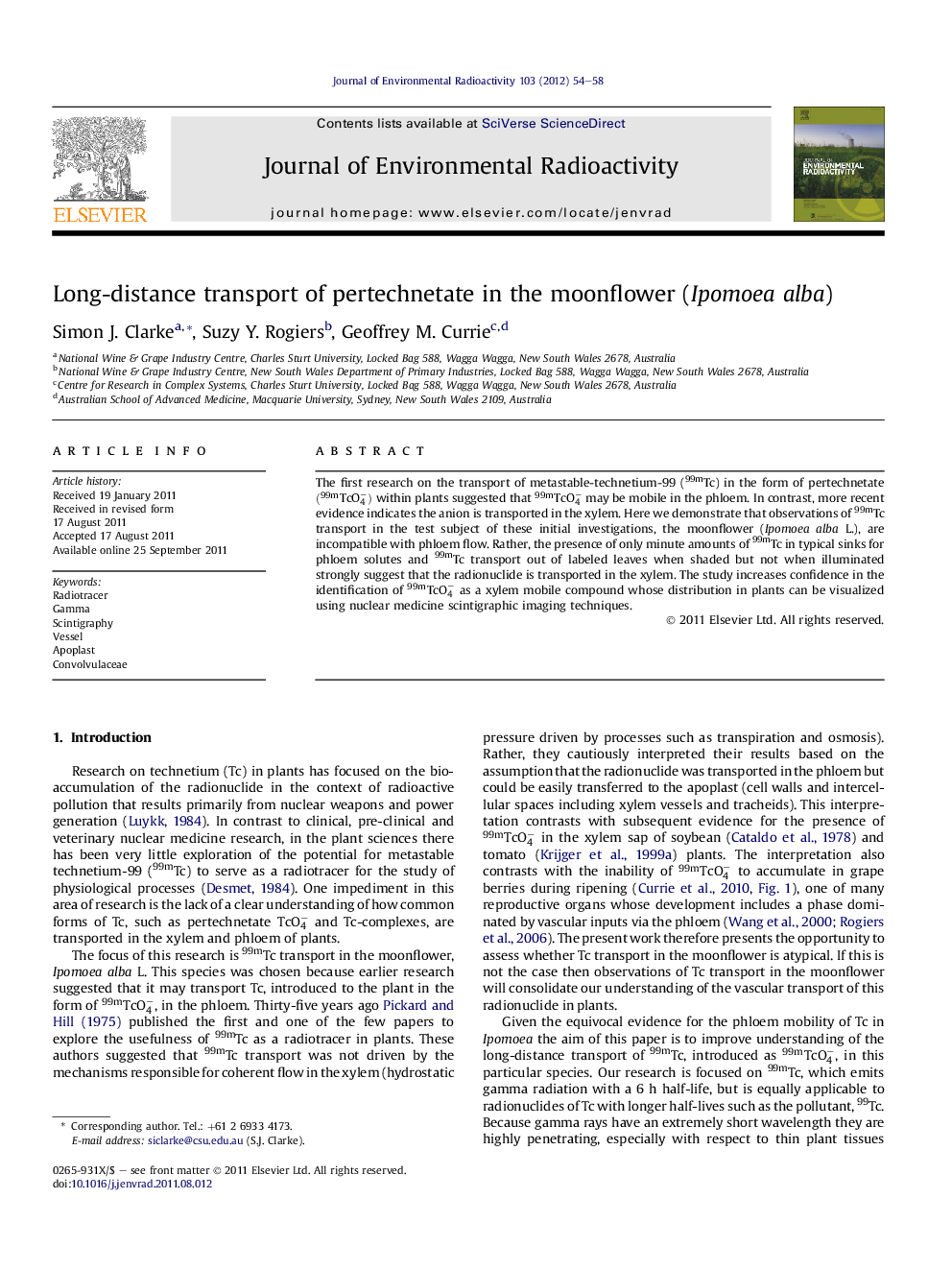 Long-distance transport of pertechnetate in the moonflower (Ipomoea alba)