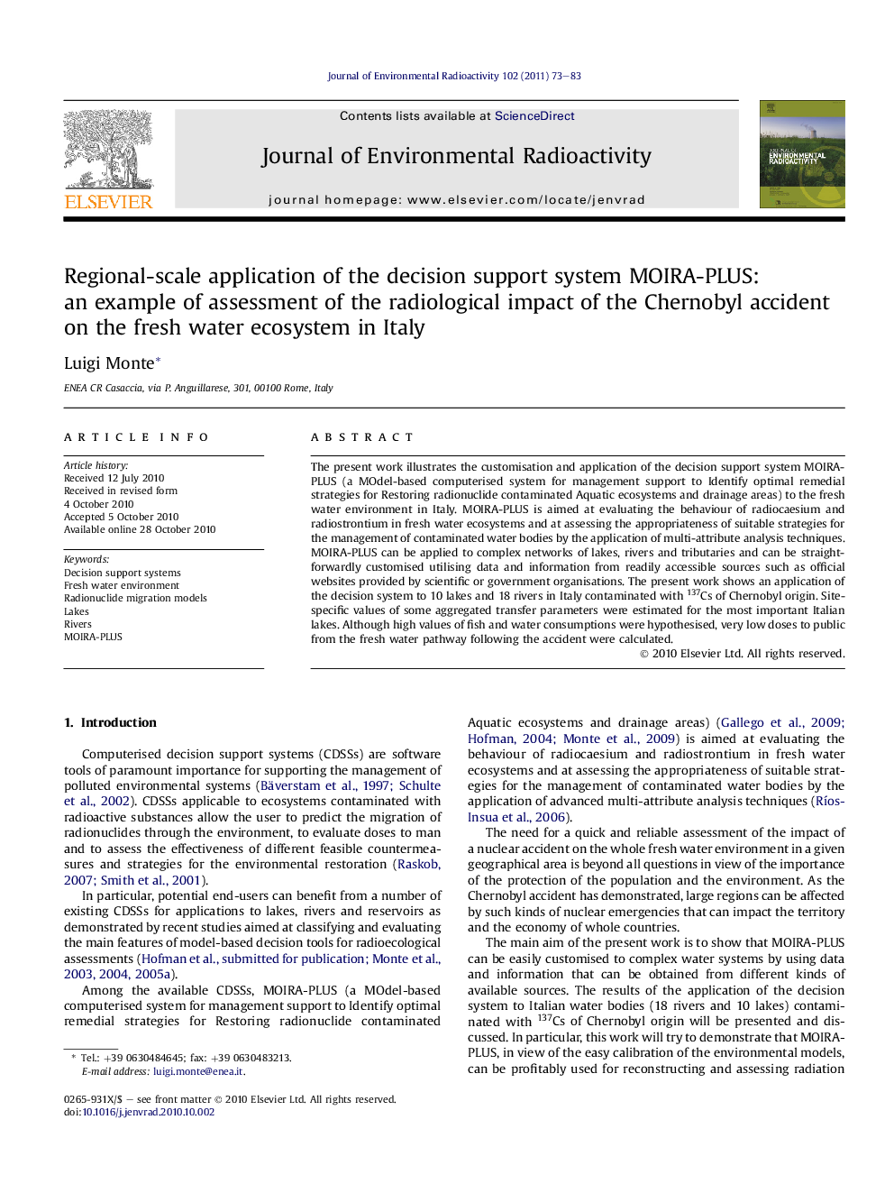 Regional-scale application of the decision support system MOIRA-PLUS: an example of assessment of the radiological impact of the Chernobyl accident on the fresh water ecosystem in Italy