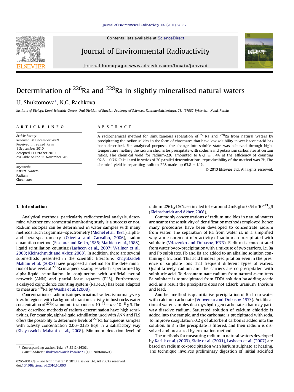 Determination of 226Ra and 228Ra in slightly mineralised natural waters