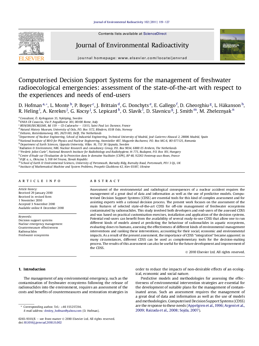 عکس صفحه اول مقاله: Computerised Decision Support Systems for the management of freshwater radioecological emergencies: assessment of the state-of-the-art with respect to the experiences and needs of end-users Computerised Decision Support Systems for the management of freshwater radioecological emergencies: assessment of the state-of-the-art with respect to the experiences and needs of end-users