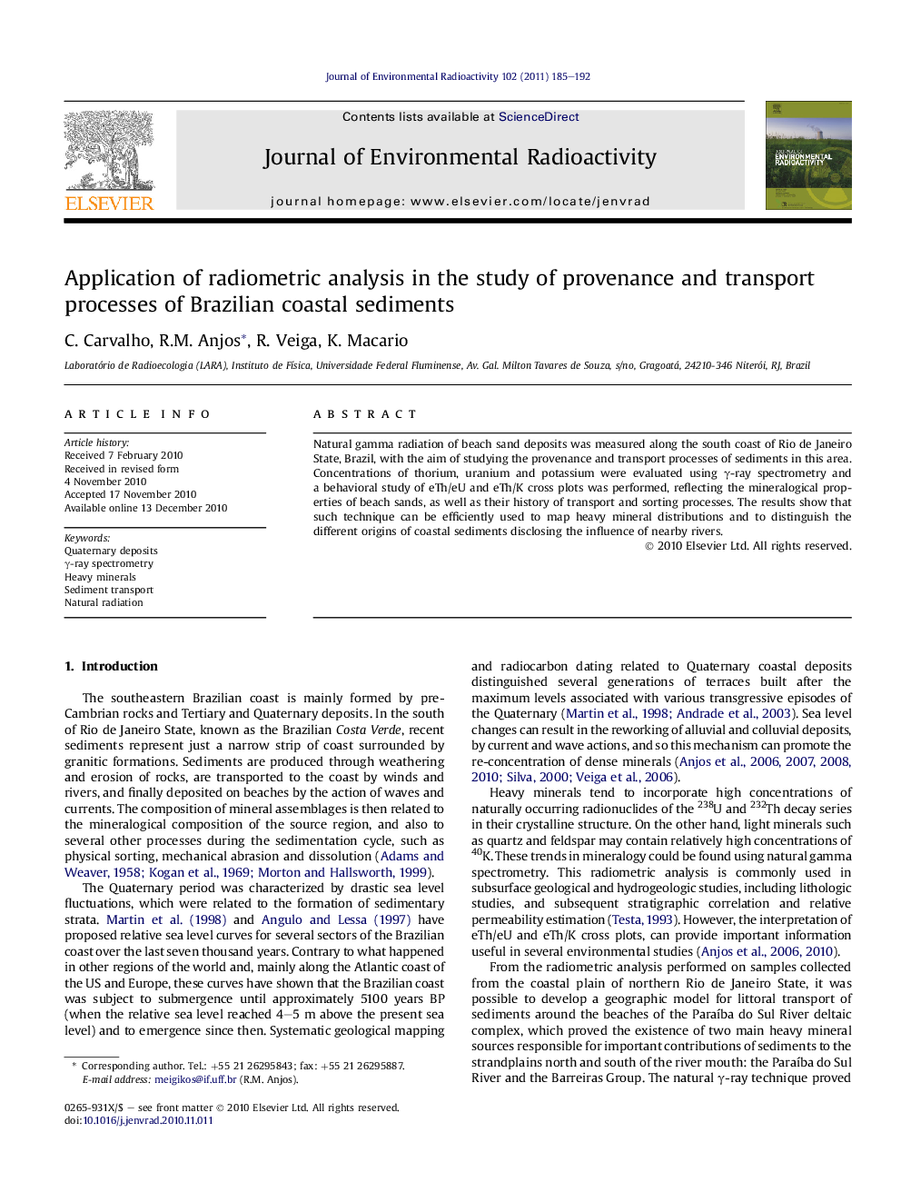 Application of radiometric analysis in the study of provenance and transport processes of Brazilian coastal sediments