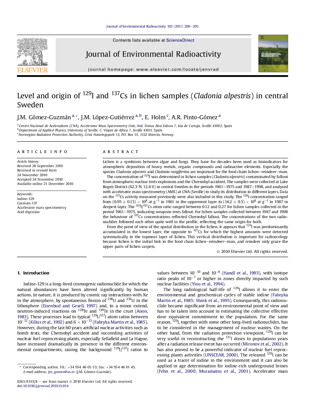 Level and origin of 129I and 137Cs in lichen samples (Cladonia alpestris) in central Sweden