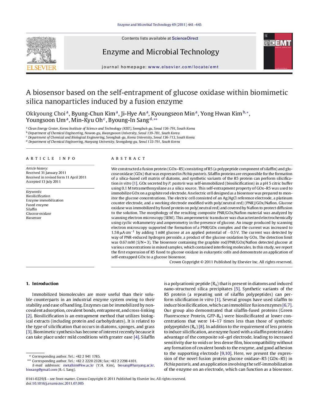 عکس صفحه اول مقاله: A biosensor based on the self-entrapment of glucose oxidase within biomimetic silica nanoparticles induced by a fusion enzyme A biosensor based on the self-entrapment of glucose oxidase within biomimetic silica nanoparticles induced by a fusion enzyme
