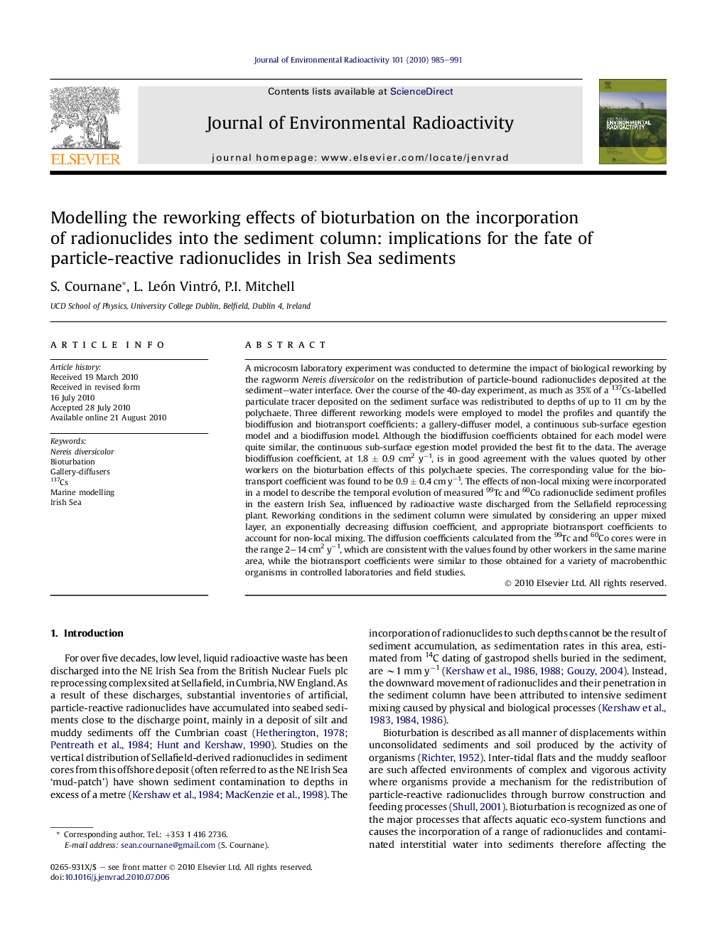 Modelling the reworking effects of bioturbation on the incorporation of radionuclides into the sediment column: implications for the fate of particle-reactive radionuclides in Irish Sea sediments