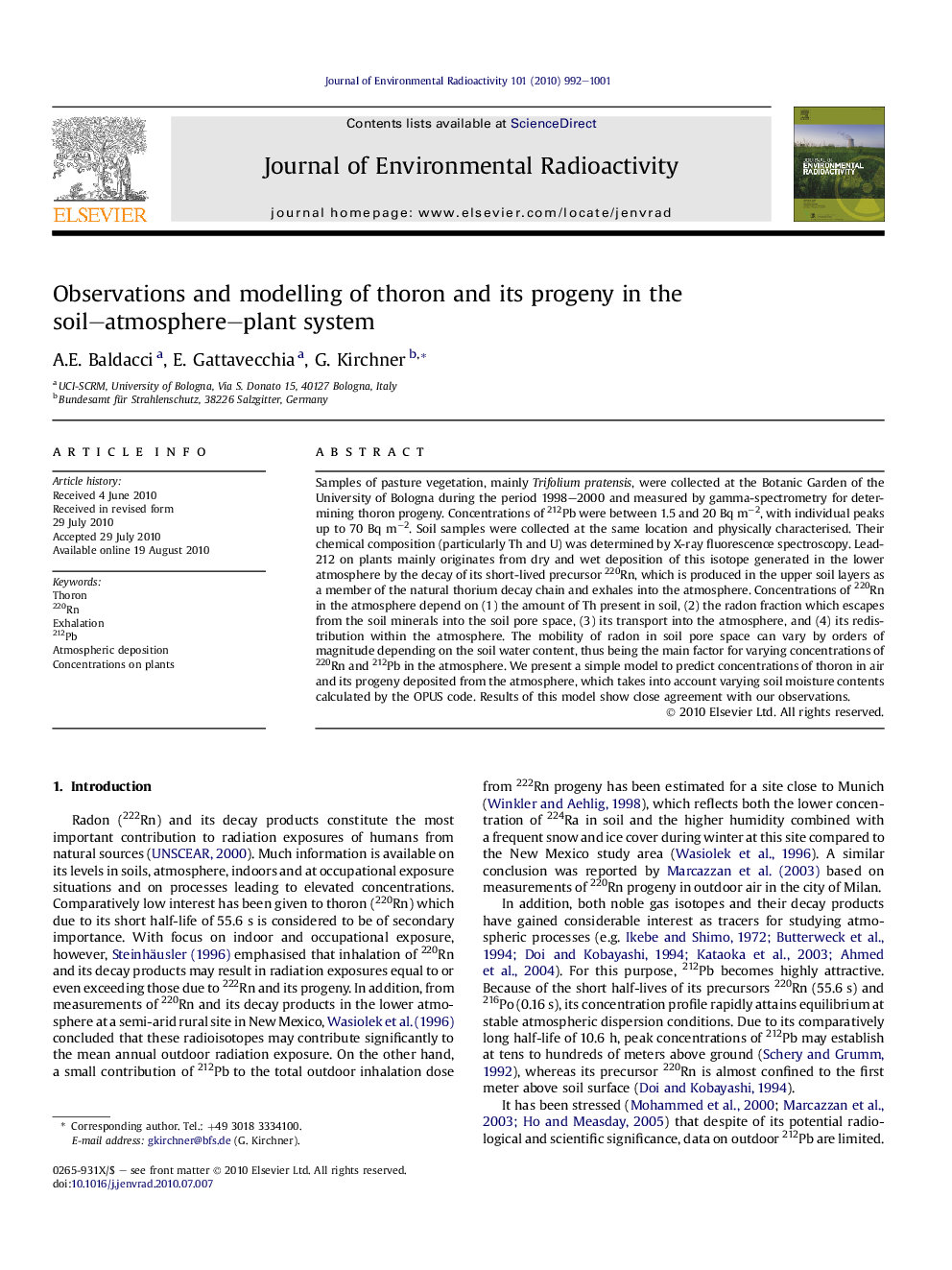 Observations and modelling of thoron and its progeny in the soil–atmosphere–plant system