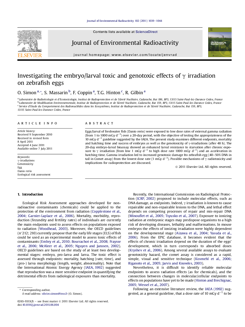 Investigating the embryo/larval toxic and genotoxic effects of γ irradiation on zebrafish eggs