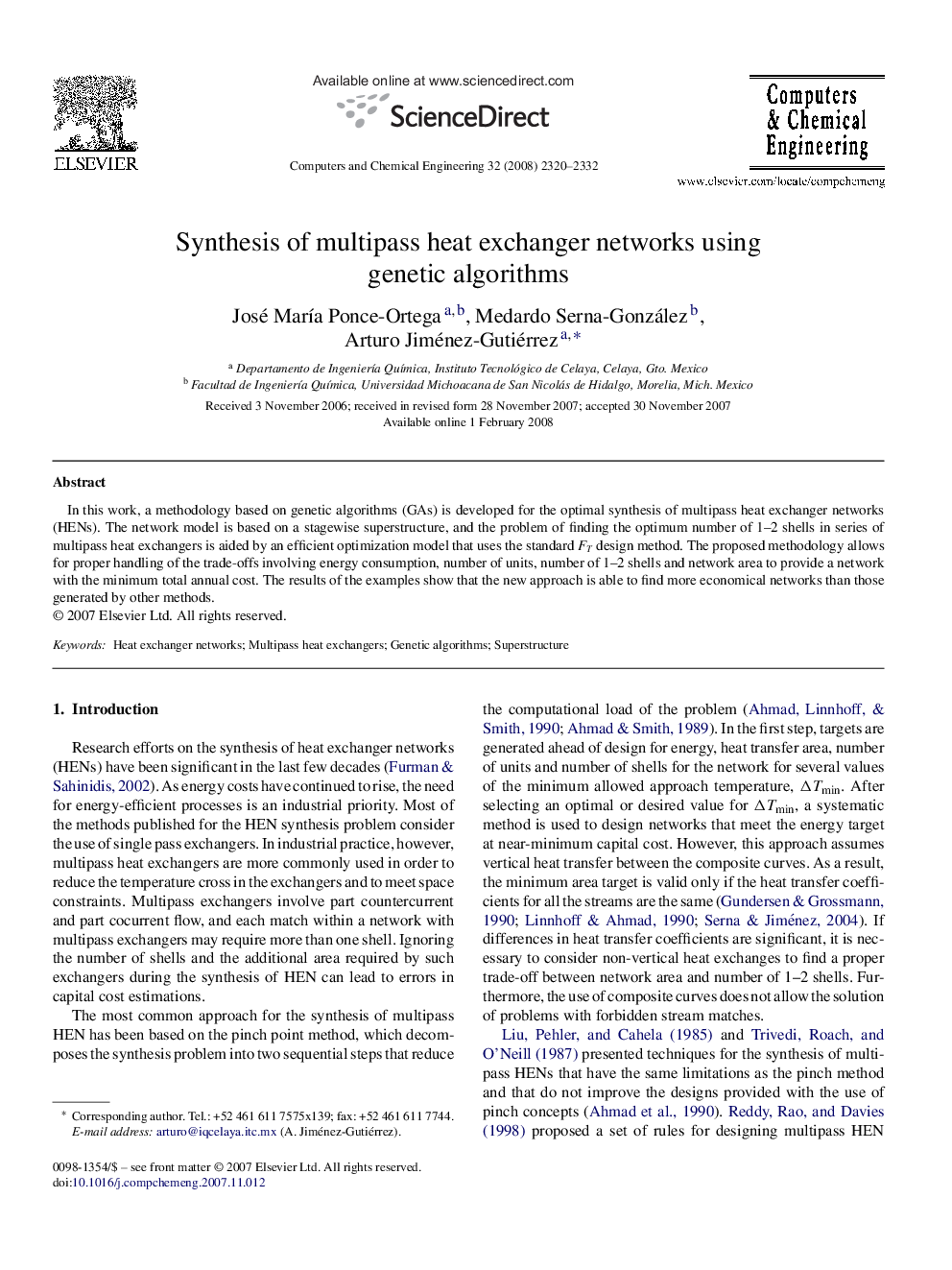 Synthesis of multipass heat exchanger networks using genetic algorithms