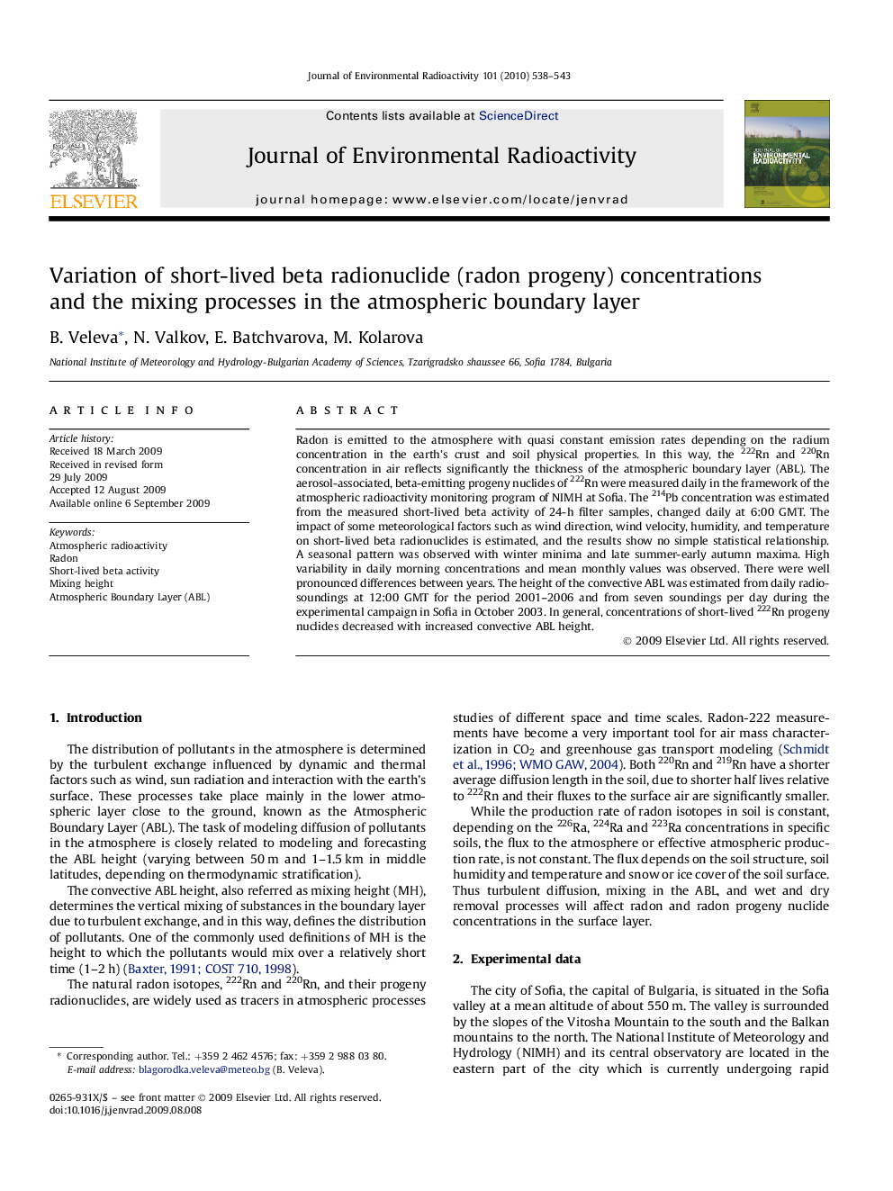 Variation of short-lived beta radionuclide (radon progeny) concentrations and the mixing processes in the atmospheric boundary layer