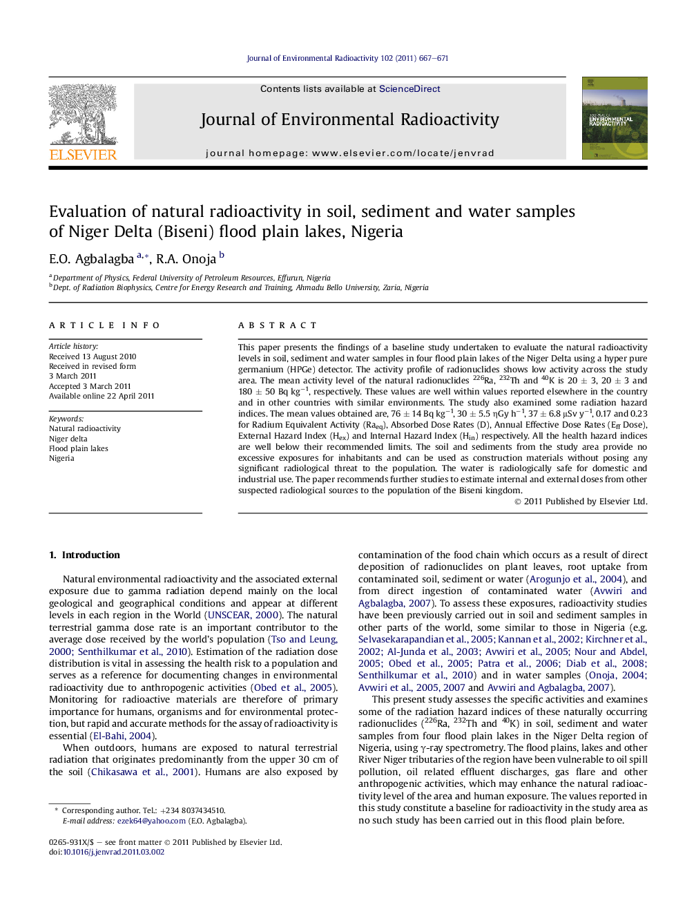 Evaluation of natural radioactivity in soil, sediment and water samples of Niger Delta (Biseni) flood plain lakes, Nigeria