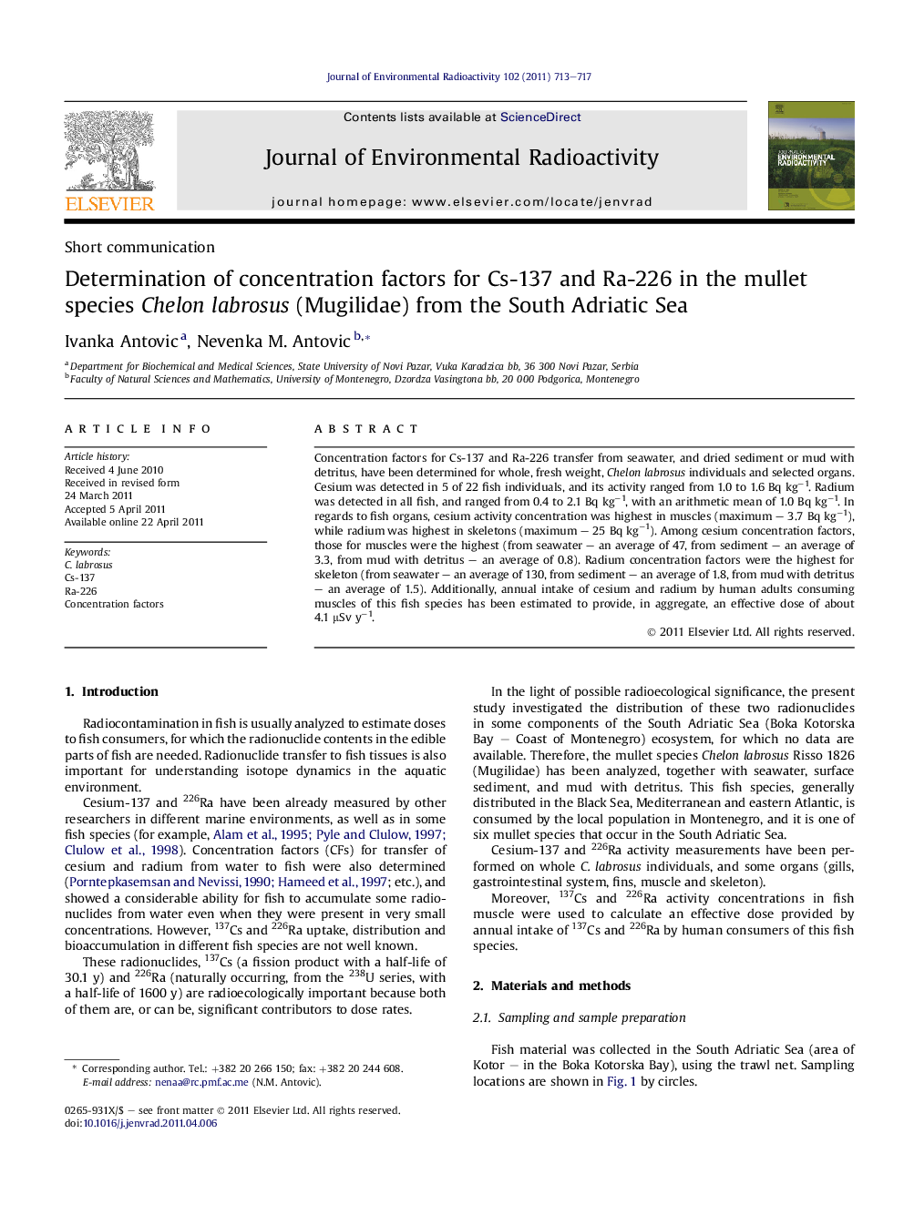 Determination of concentration factors for Cs-137 and Ra-226 in the mullet species Chelon labrosus (Mugilidae) from the South Adriatic Sea