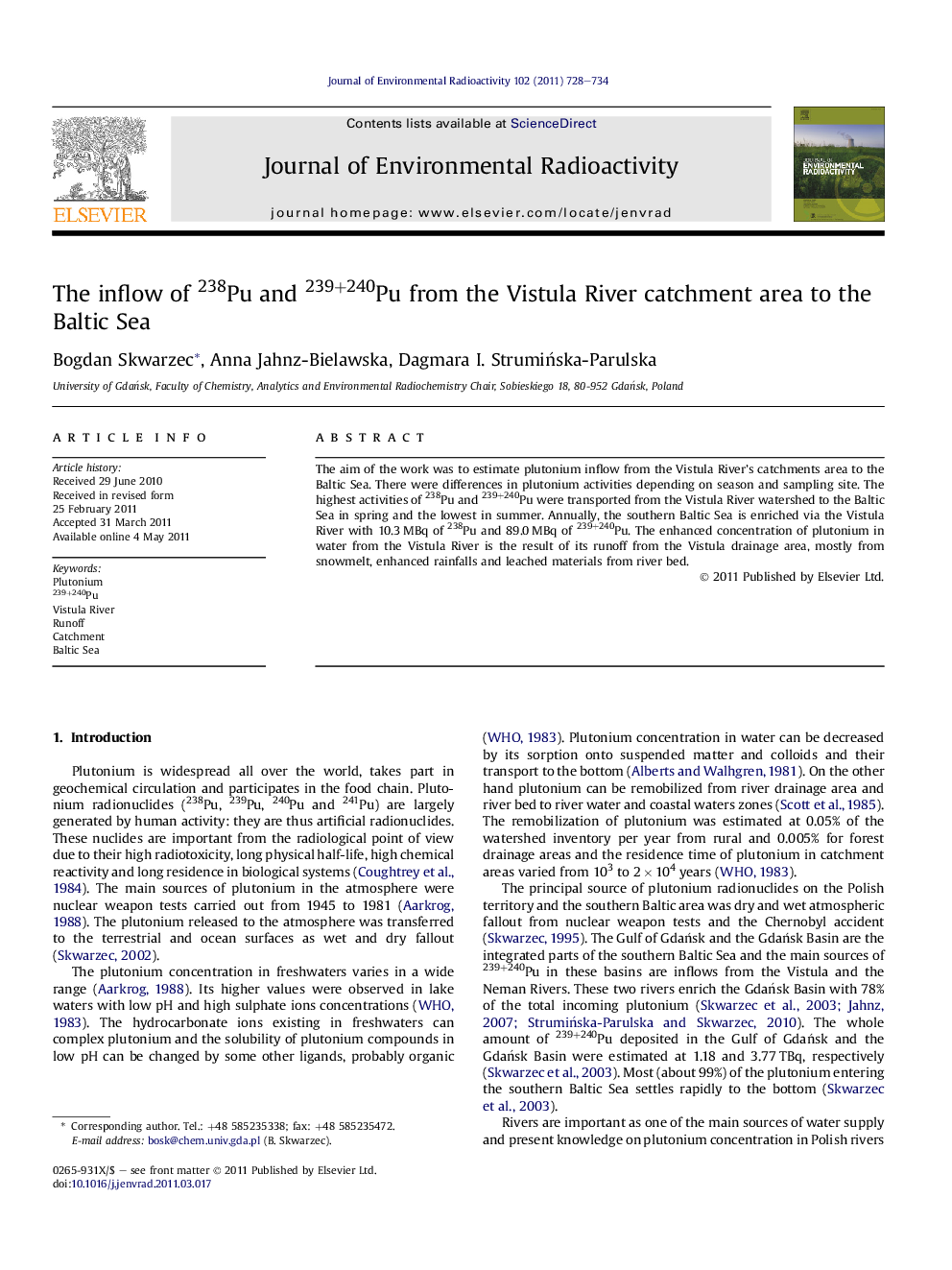 The inflow of 238Pu and 239+240Pu from the Vistula River catchment area to the Baltic Sea