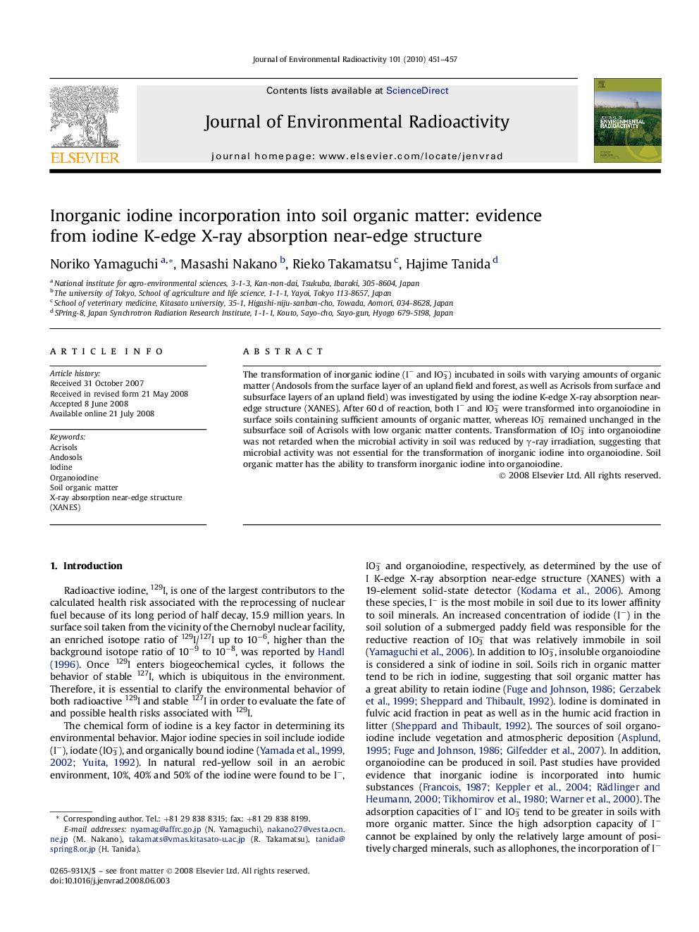 Inorganic iodine incorporation into soil organic matter: evidence from iodine K-edge X-ray absorption near-edge structure