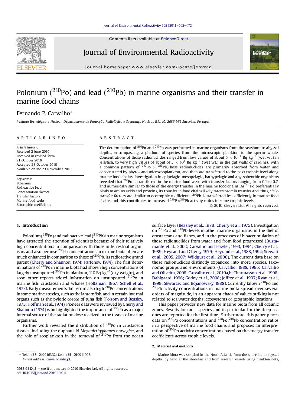 Polonium (210Po) and lead (210Pb) in marine organisms and their transfer in marine food chains