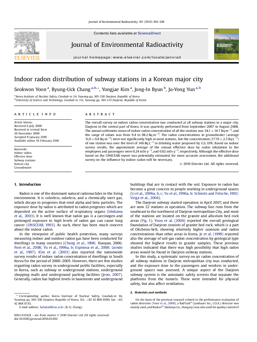 Indoor radon distribution of subway stations in a Korean major city