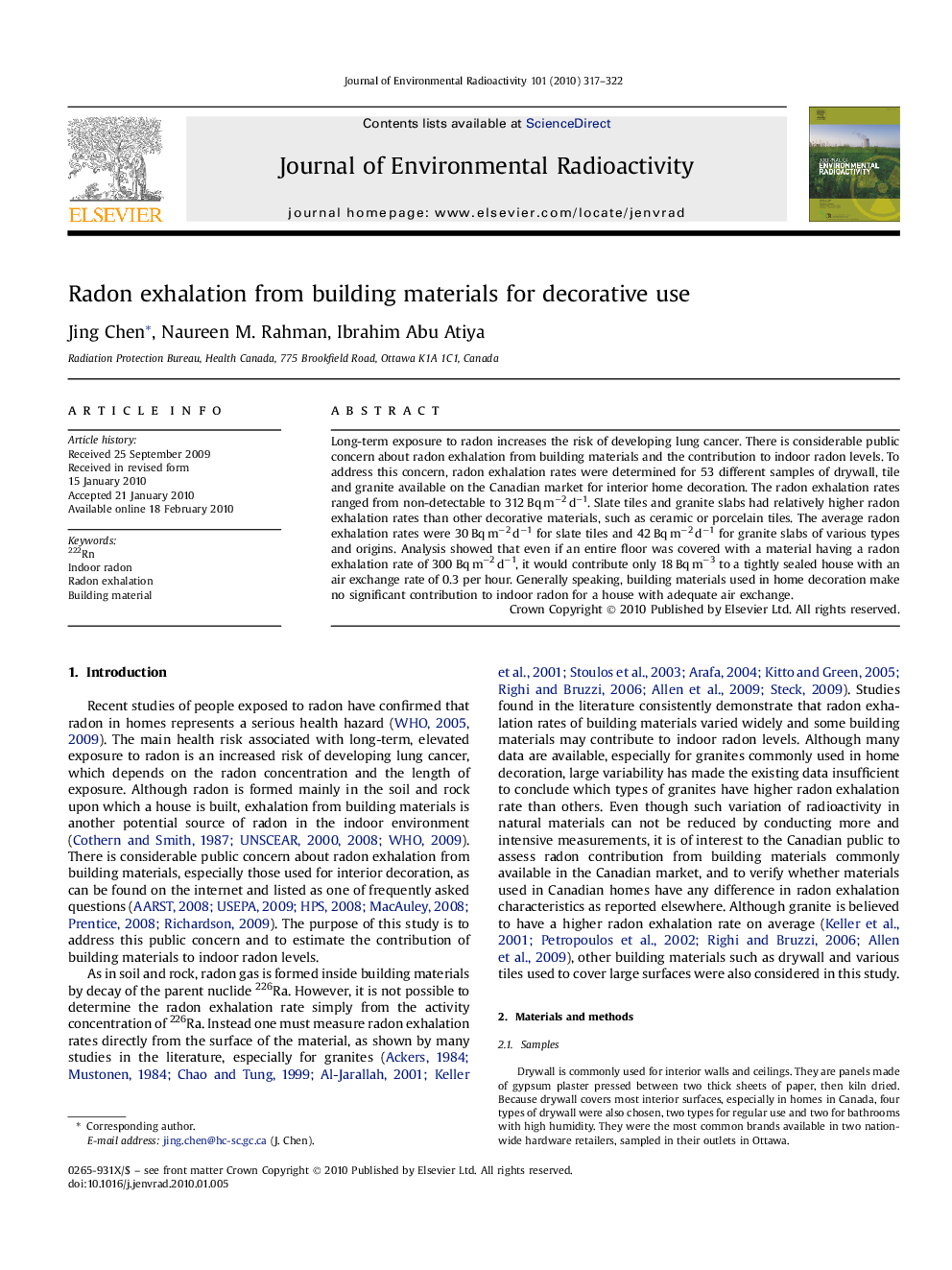 Radon exhalation from building materials for decorative use