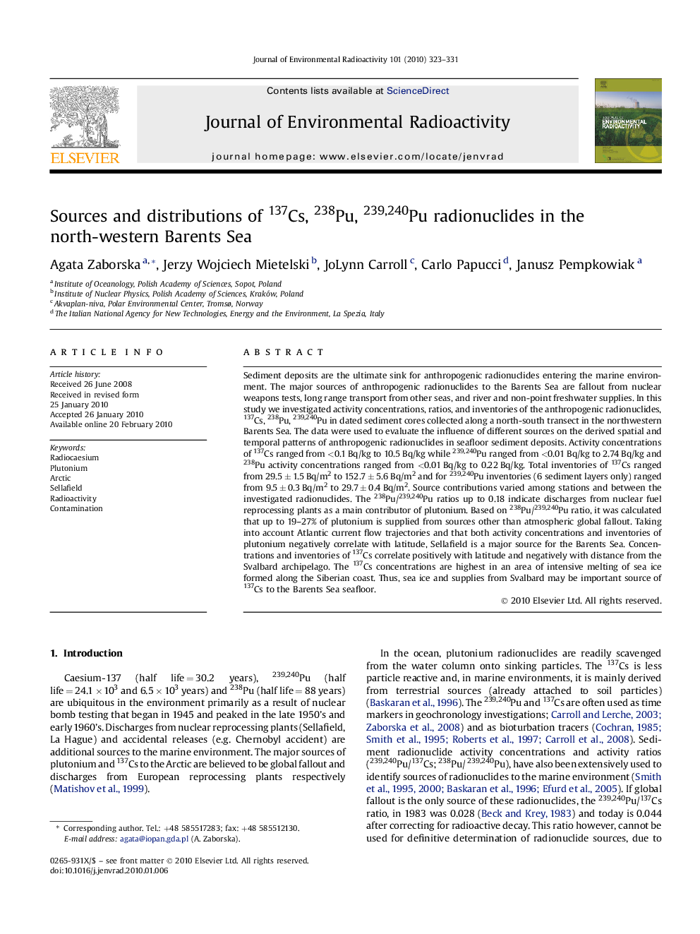 Sources and distributions of 137Cs, 238Pu, 239,240Pu radionuclides in the north-western Barents Sea