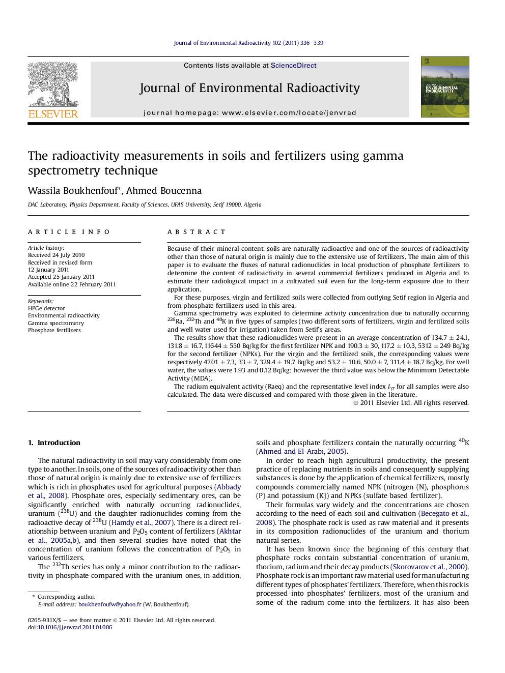 The radioactivity measurements in soils and fertilizers using gamma spectrometry technique