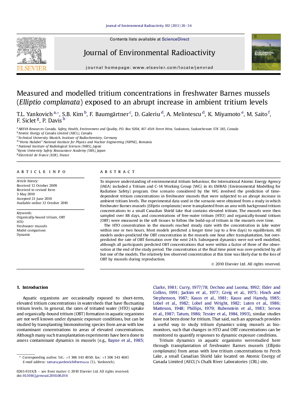 Measured and modelled tritium concentrations in freshwater Barnes mussels (Elliptio complanata) exposed to an abrupt increase in ambient tritium levels