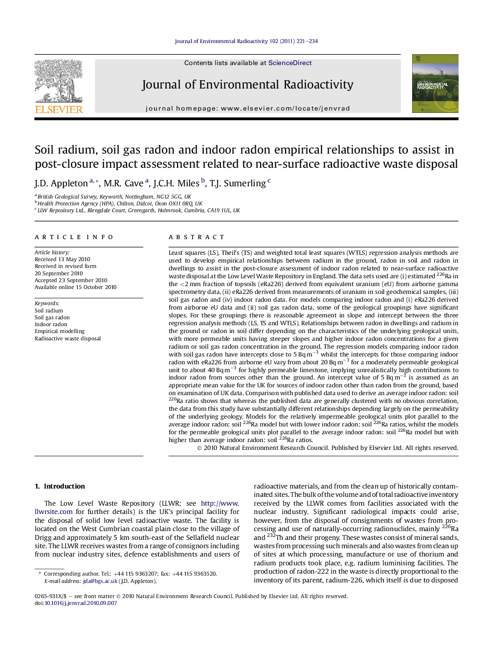 Soil radium, soil gas radon and indoor radon empirical relationships to assist in post-closure impact assessment related to near-surface radioactive waste disposal