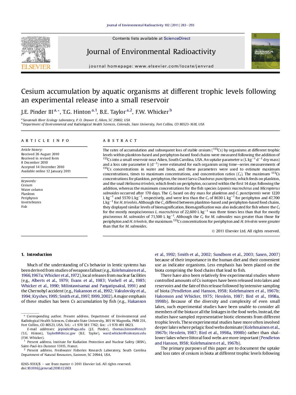 Cesium accumulation by aquatic organisms at different trophic levels following an experimental release into a small reservoir