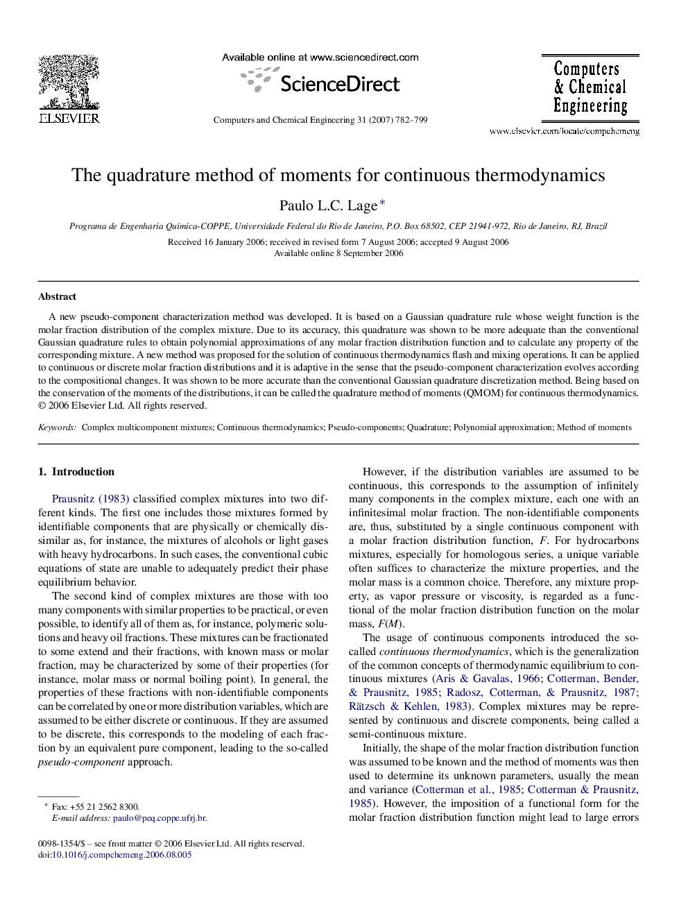 The quadrature method of moments for continuous thermodynamics