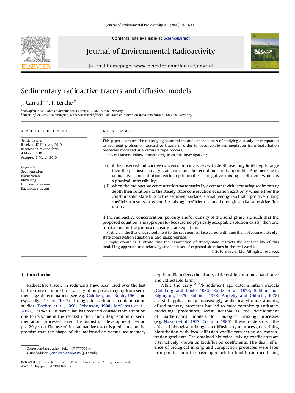 Sedimentary radioactive tracers and diffusive models