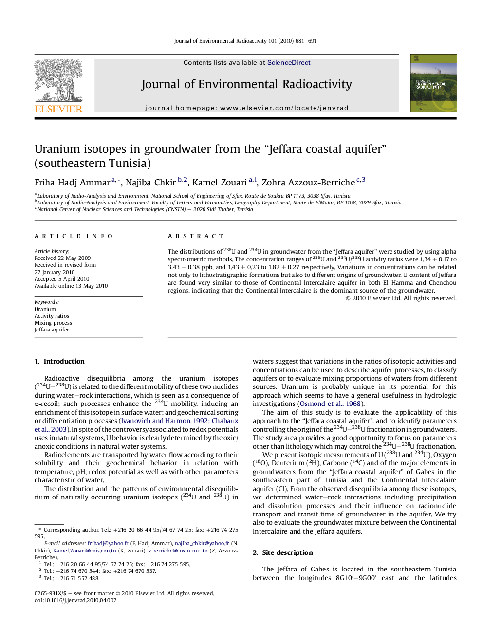 Uranium isotopes in groundwater from the “Jeffara coastal aquifer” (southeastern Tunisia)