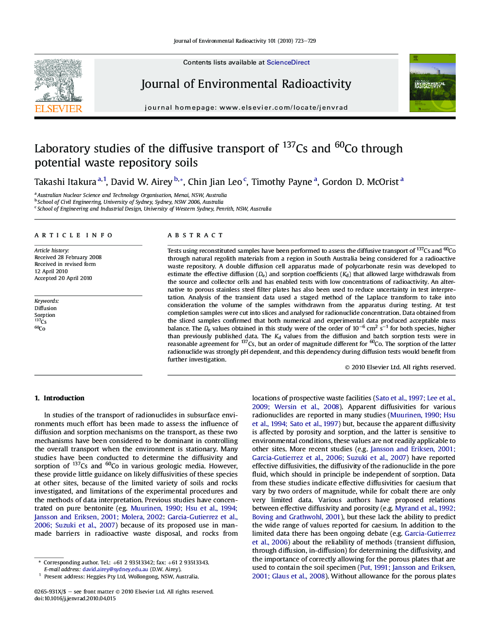 Laboratory studies of the diffusive transport of 137Cs and 60Co through potential waste repository soils