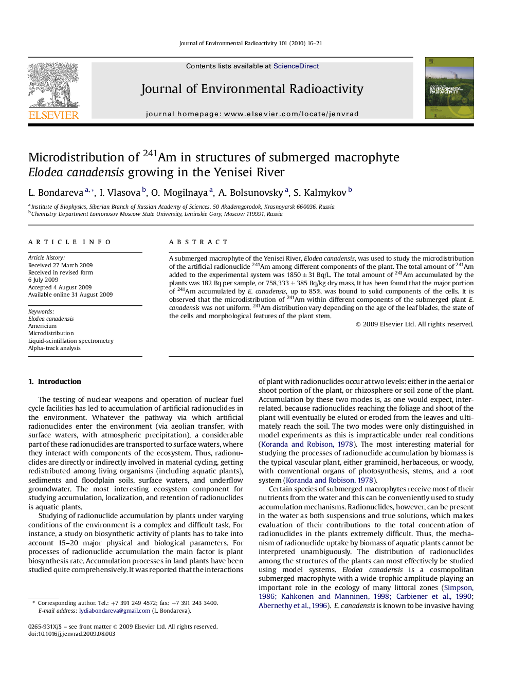 Microdistribution of 241Am in structures of submerged macrophyte Elodea canadensis growing in the Yenisei River