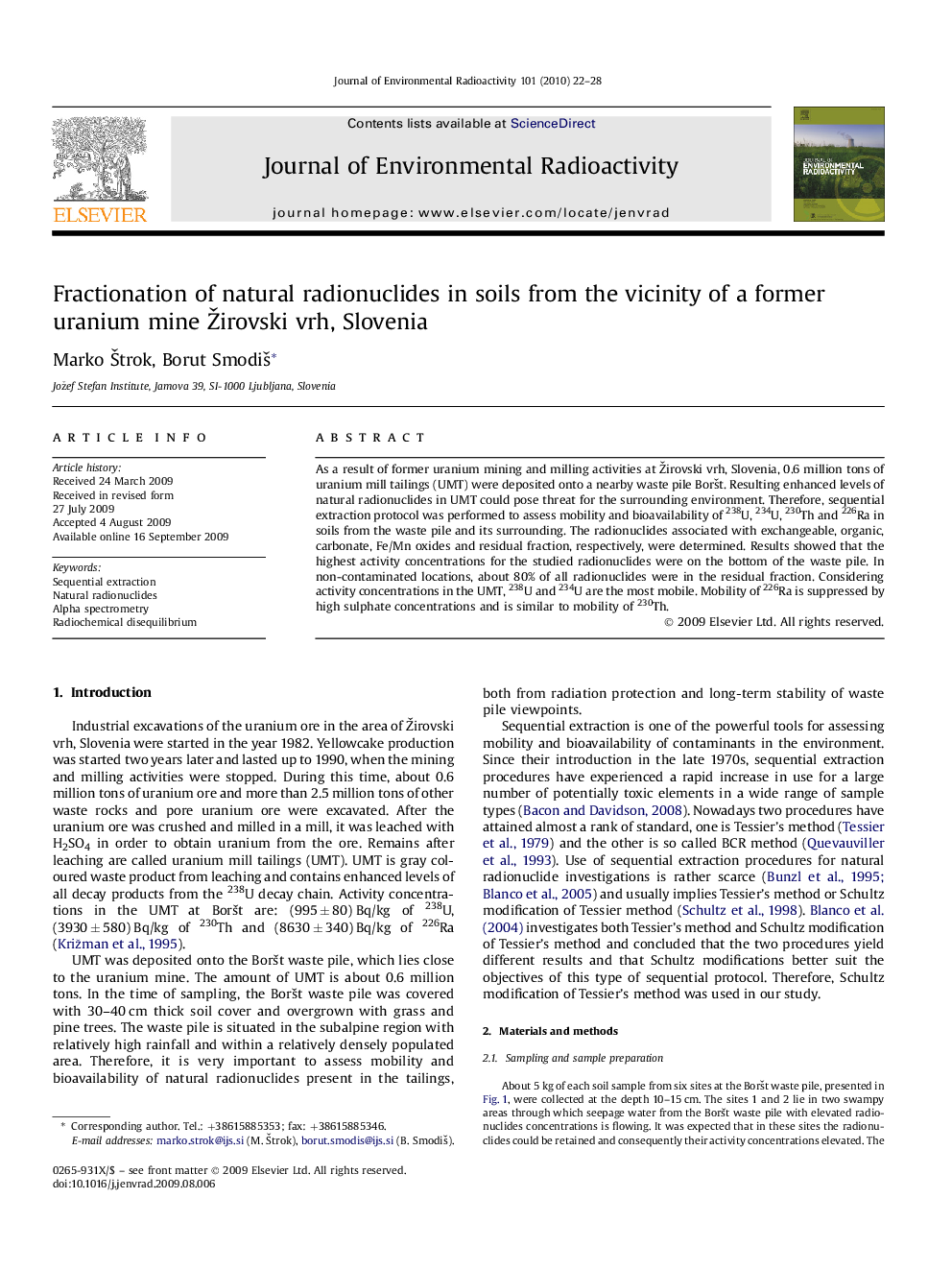 Fractionation of natural radionuclides in soils from the vicinity of a former uranium mine Žirovski vrh, Slovenia