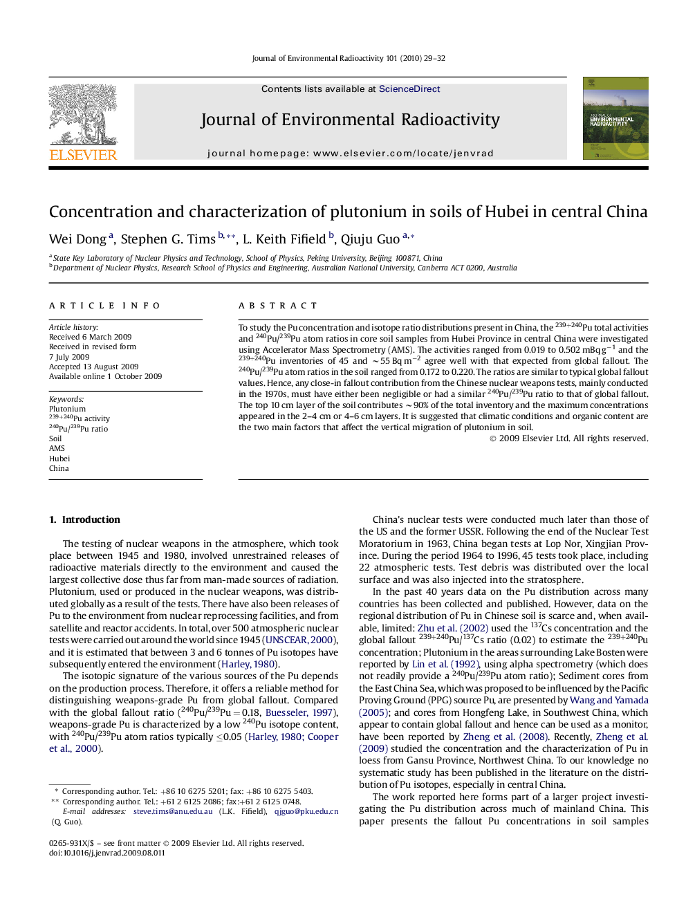 Concentration and characterization of plutonium in soils of Hubei in central China