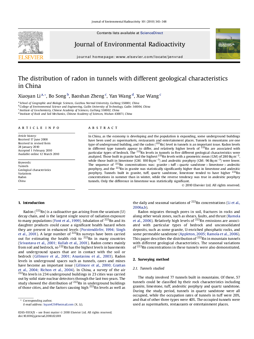 The distribution of radon in tunnels with different geological characteristics in China