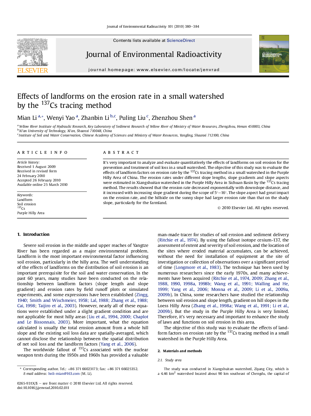 Effects of landforms on the erosion rate in a small watershed by the 137Cs tracing method