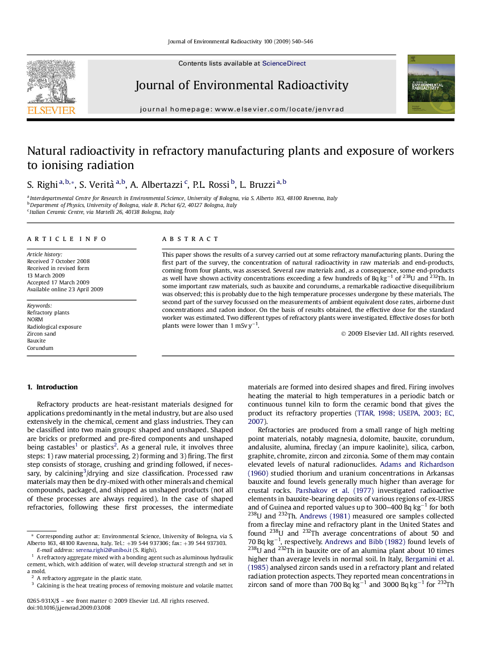 Natural radioactivity in refractory manufacturing plants and exposure of workers to ionising radiation