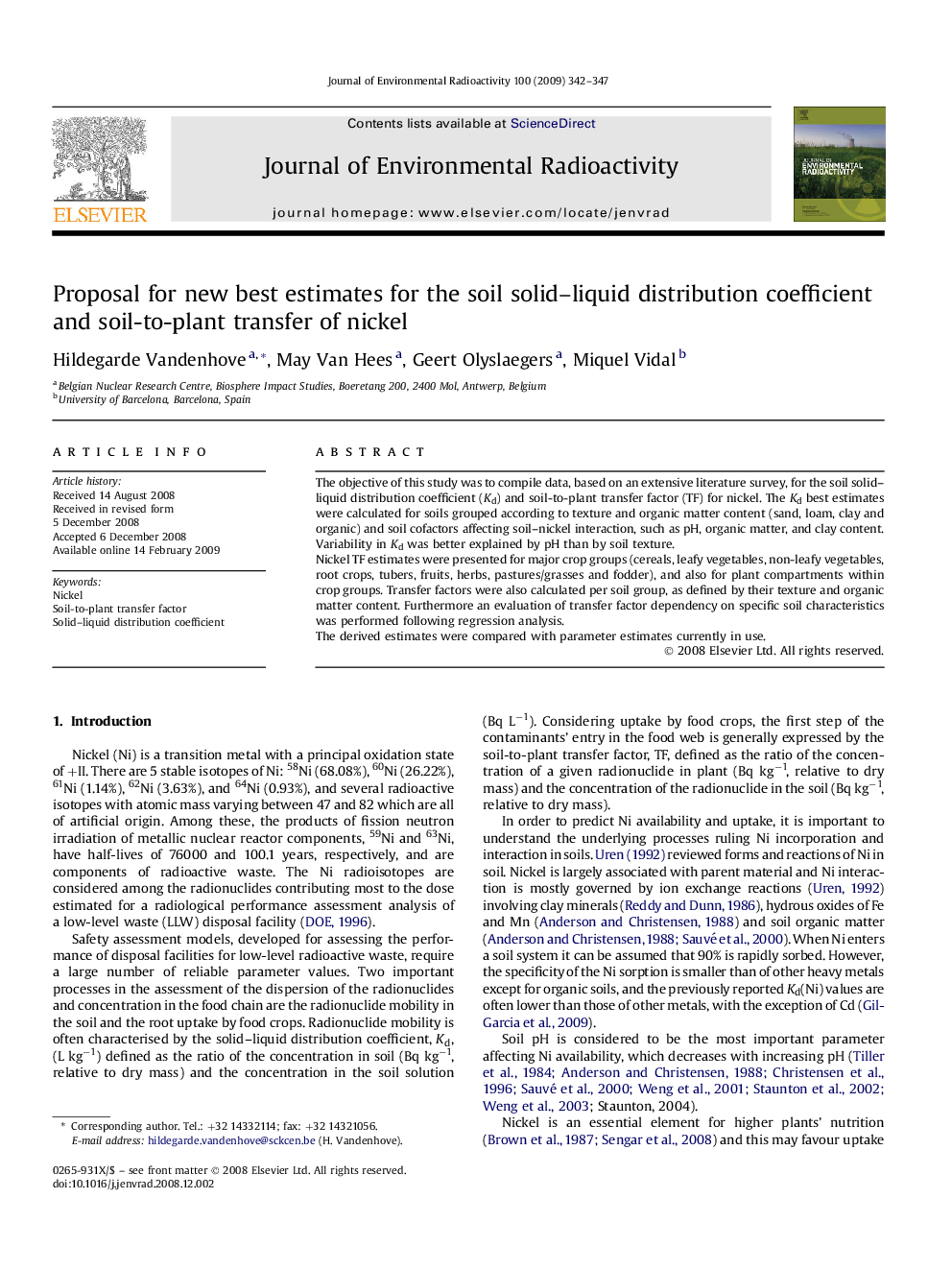 Proposal for new best estimates for the soil solid–liquid distribution coefficient and soil-to-plant transfer of nickel