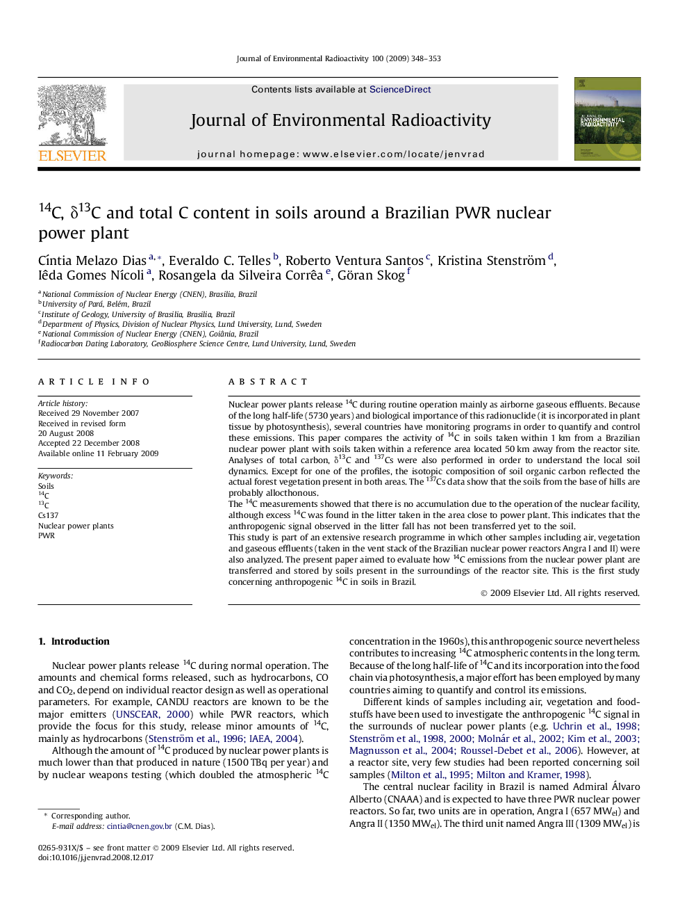 14C, Î´13C and total C content in soils around a Brazilian PWR nuclear power plant